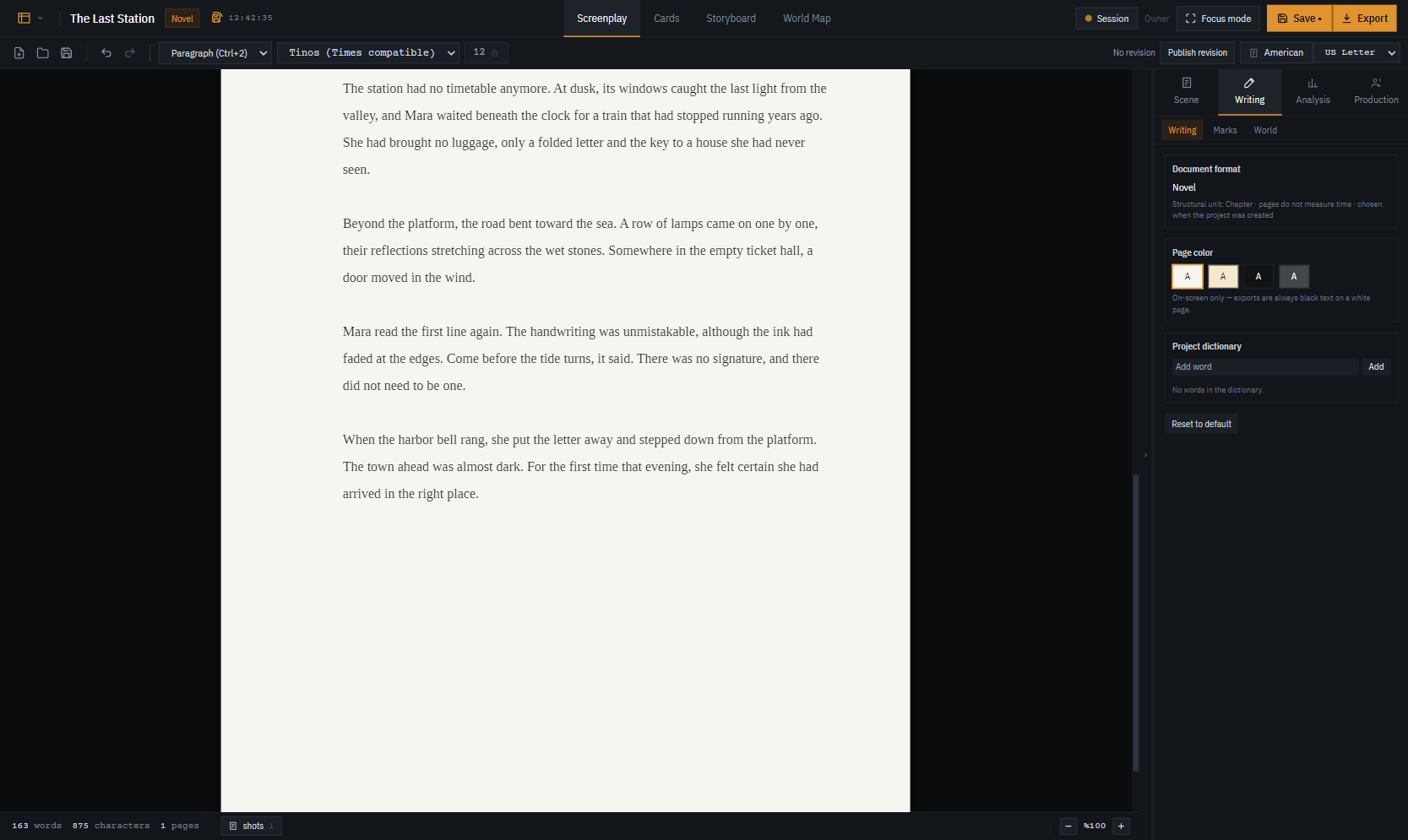 Novel writing mode in the real Auteur app