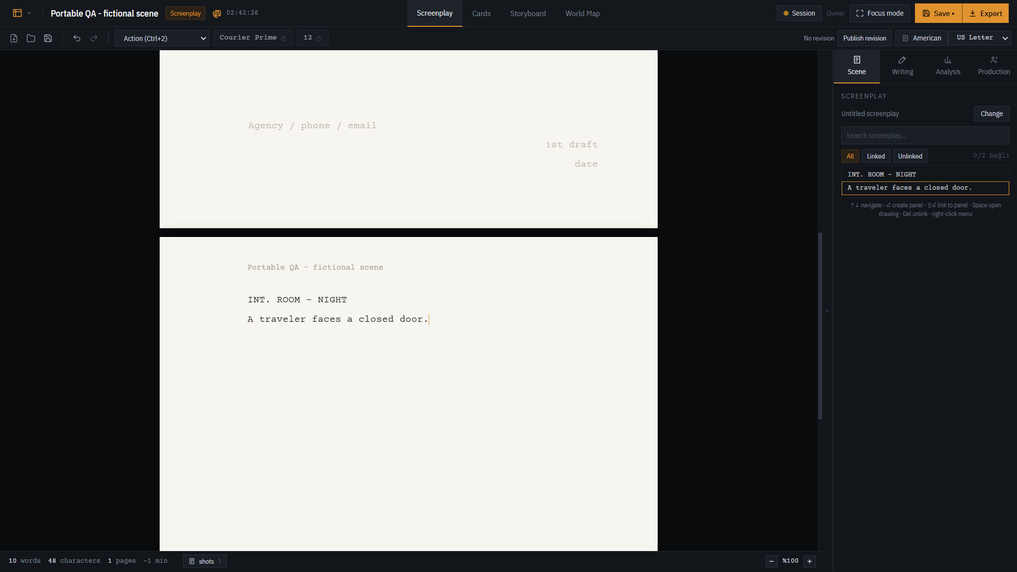 A screenplay scene open in the real Auteur app