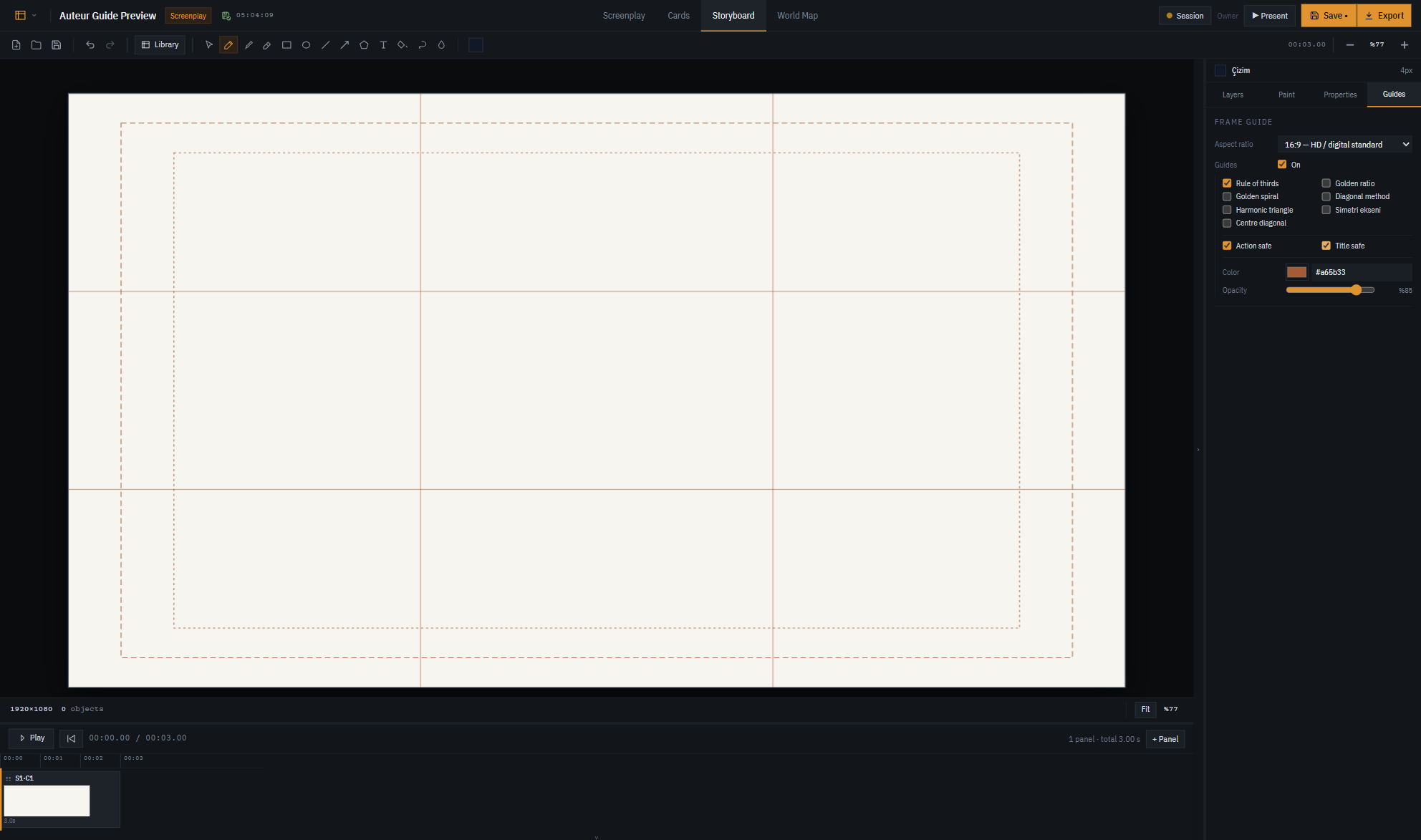 Auteur storyboard canvas with composition and safe-area guides visible