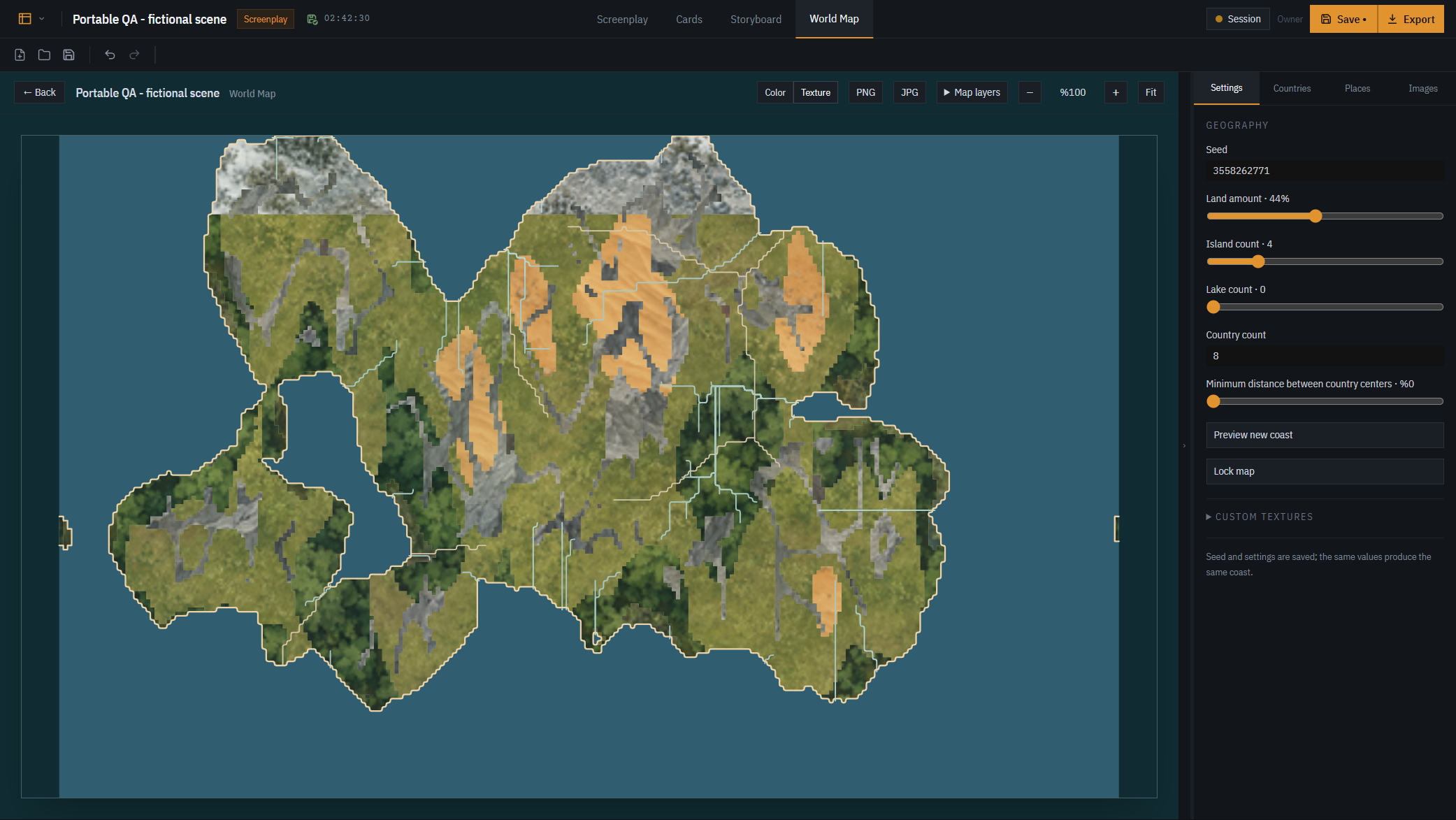 Generated world map in the real Auteur app